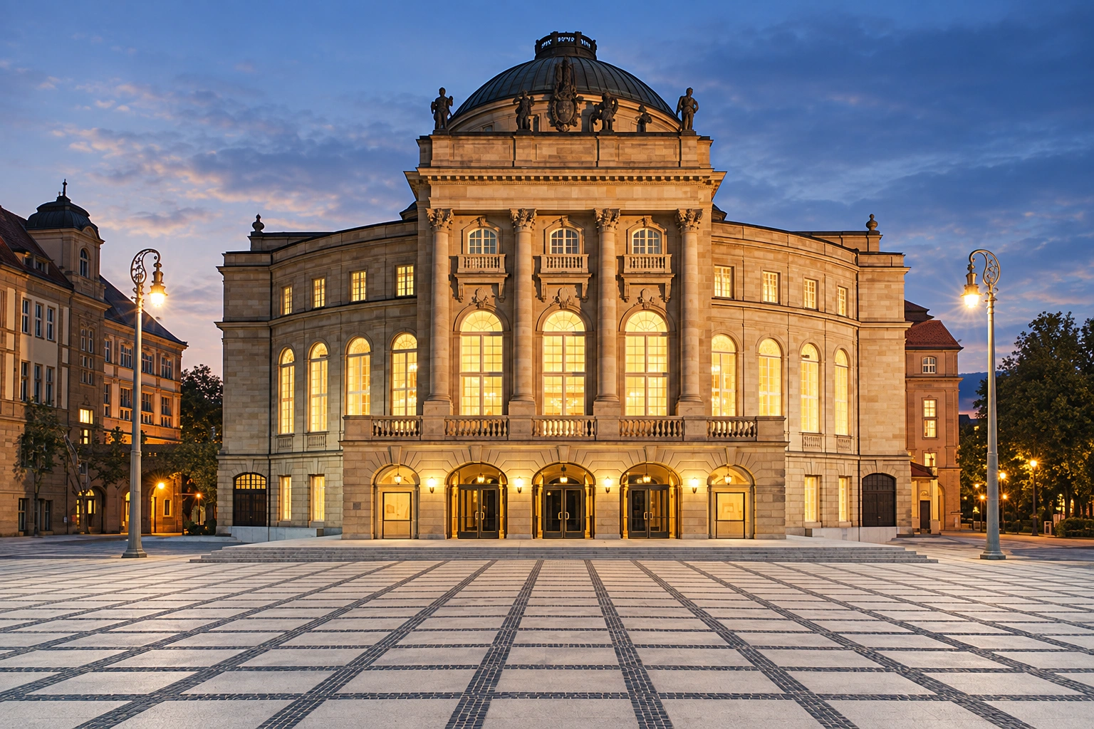 Reference-guided architectural illustration of Opernhaus Chemnitz